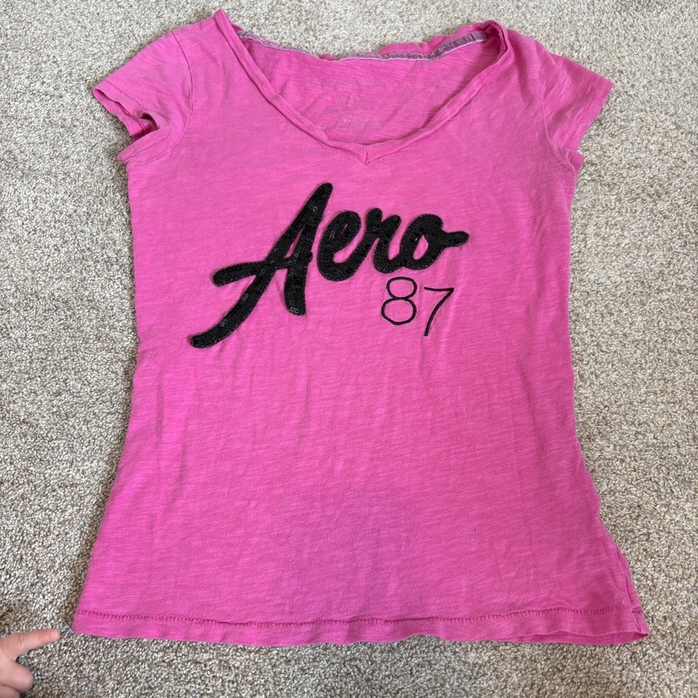 Y2K 2000s Aero Aeropostale Pink Sequins Logo T-Shirt v-neck